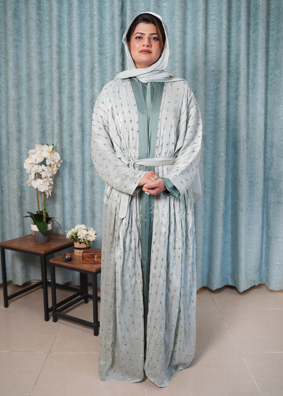 Sea Green Embellished Organza Kimono Abaya with Silky Crepe Inner, Belt, and Scarf