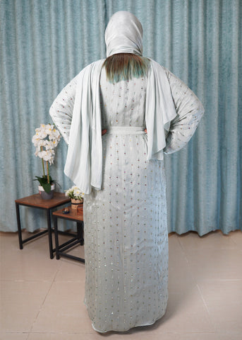 Sea Green Embellished Organza Kimono Abaya with Silky Crepe Inner, Belt, and Scarf