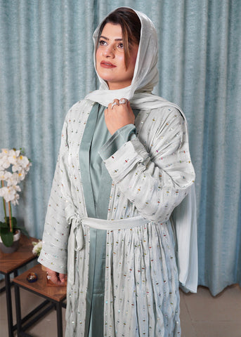 Sea Green Embellished Organza Kimono Abaya with Silky Crepe Inner, Belt, and Scarf