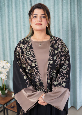 The Embroidered Black Kimono Abaya | Two, Piece Set with Silky Crepe Inner