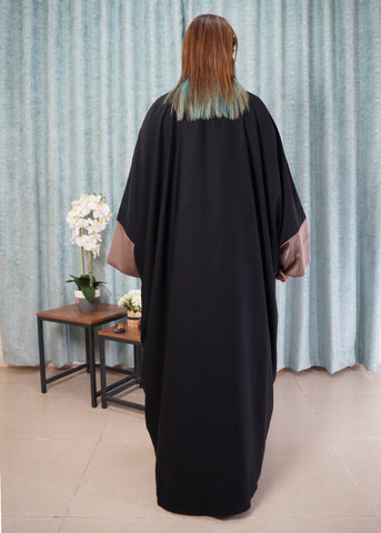 The Embroidered Black Kimono Abaya | Two, Piece Set with Silky Crepe Inner