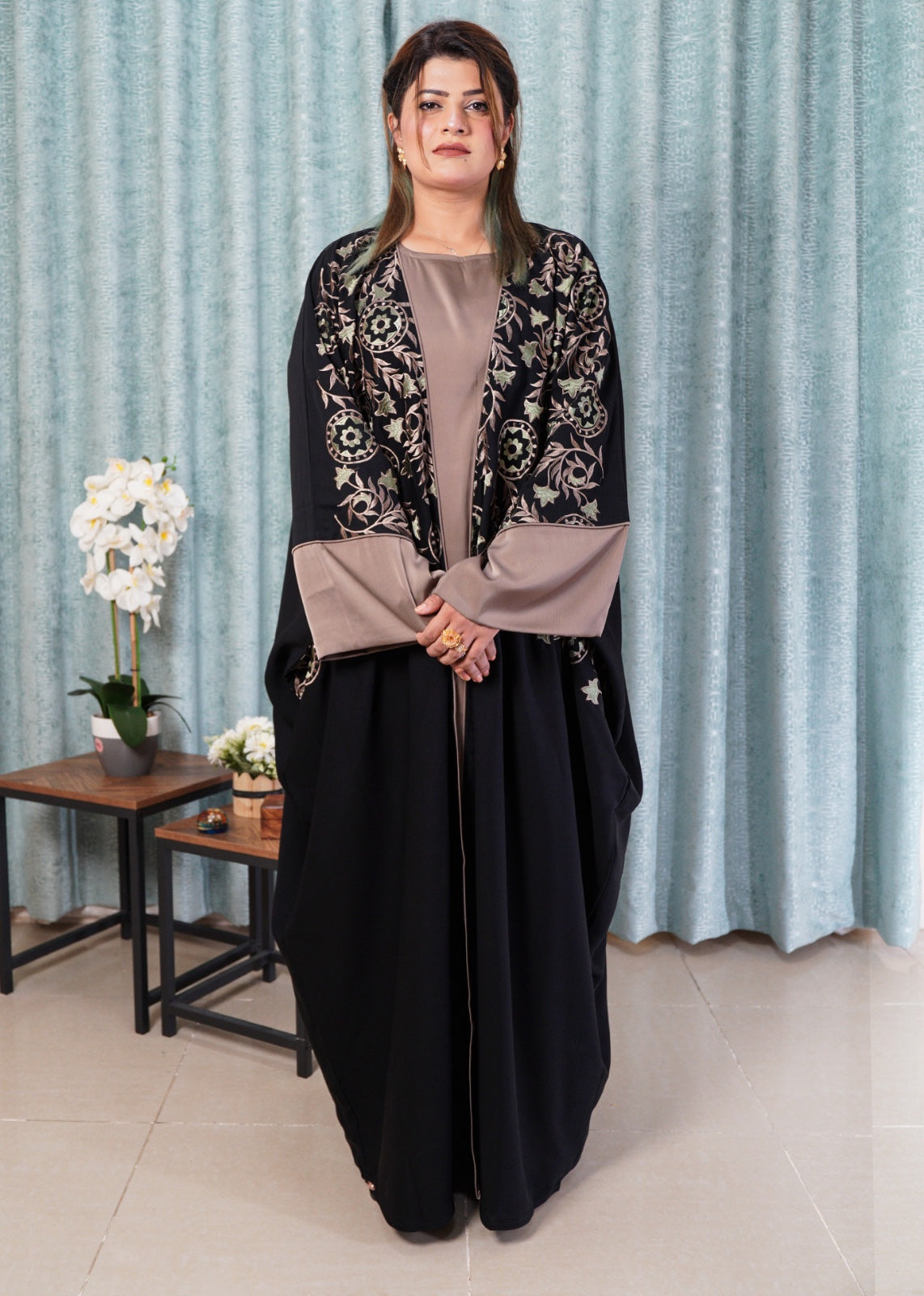 The Embroidered Black Kimono Abaya | Two, Piece Set with Silky Crepe Inner
