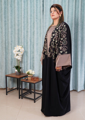 The Embroidered Black Kimono Abaya | Two, Piece Set with Silky Crepe Inner