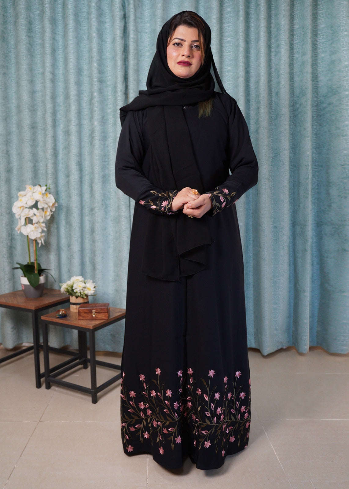 Black Nida with Floral Embroidery and Rhinestones