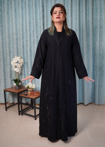 Sleek Orchid Black Abaya | Modern Blazer, Style with Tonal Self Black Embroidery