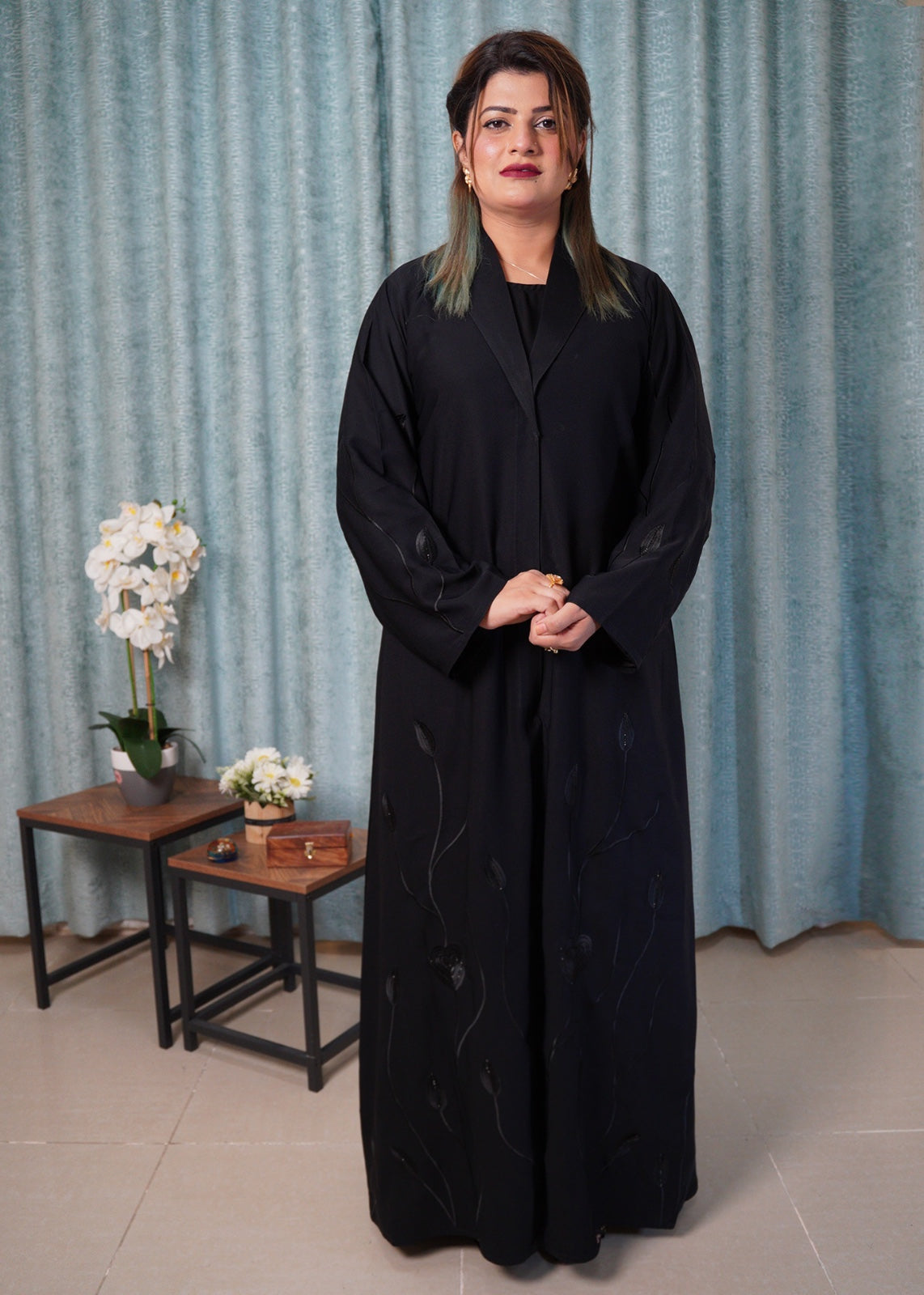Sleek Orchid Black Abaya | Modern Blazer, Style with Tonal Self Black Embroidery