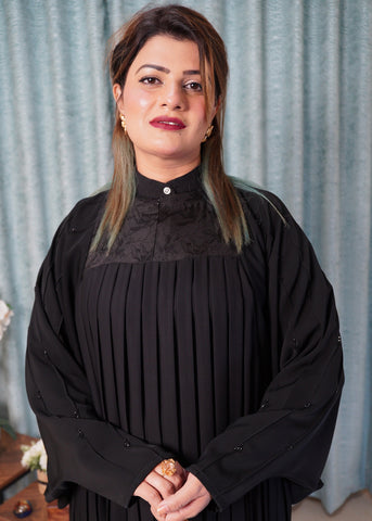 The Symphony Black Abaya | Elegant Pleated Design with Handwork