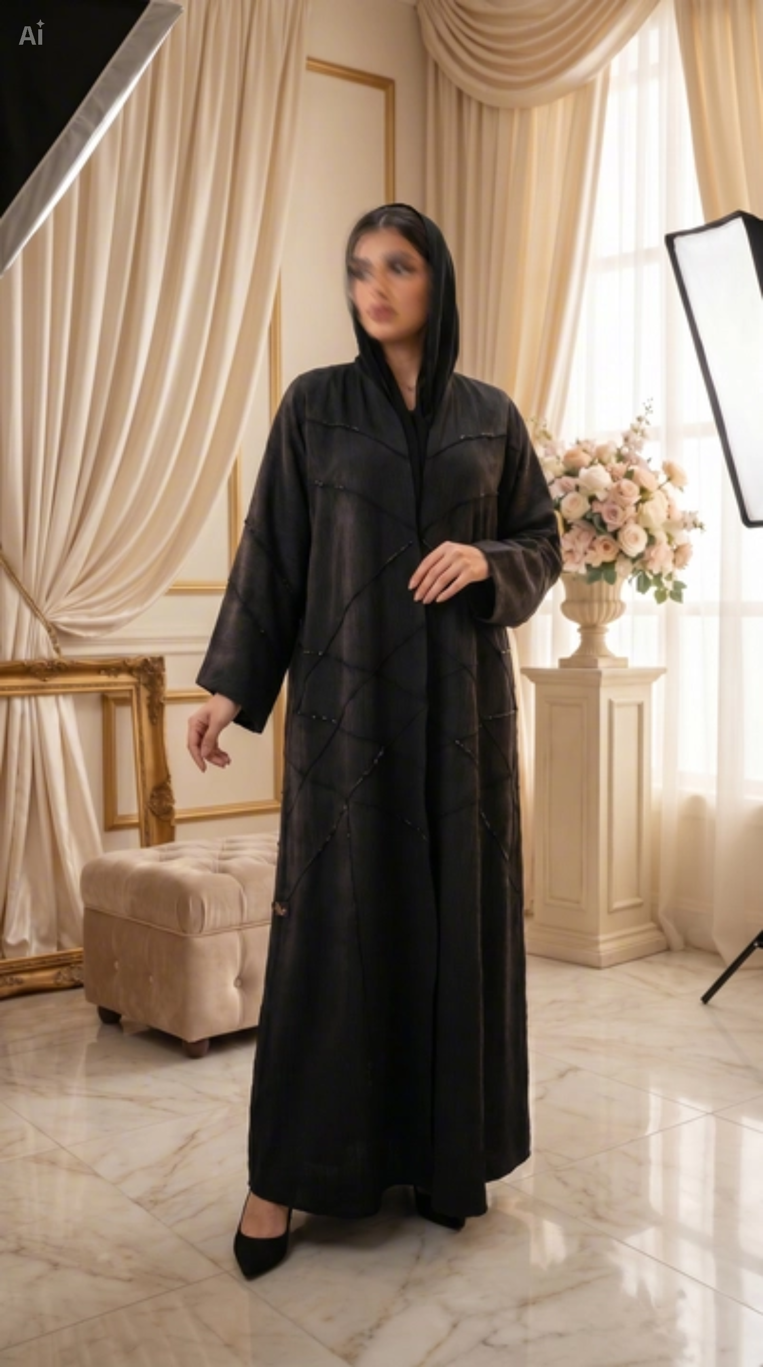 Woman wearing a black abaya in a decorated room with curtains and flowers.