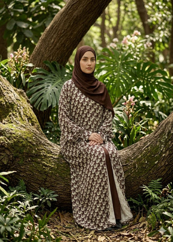 Woman in a CrepeLoom patterned dress and hijab sitting under a tree in a garden