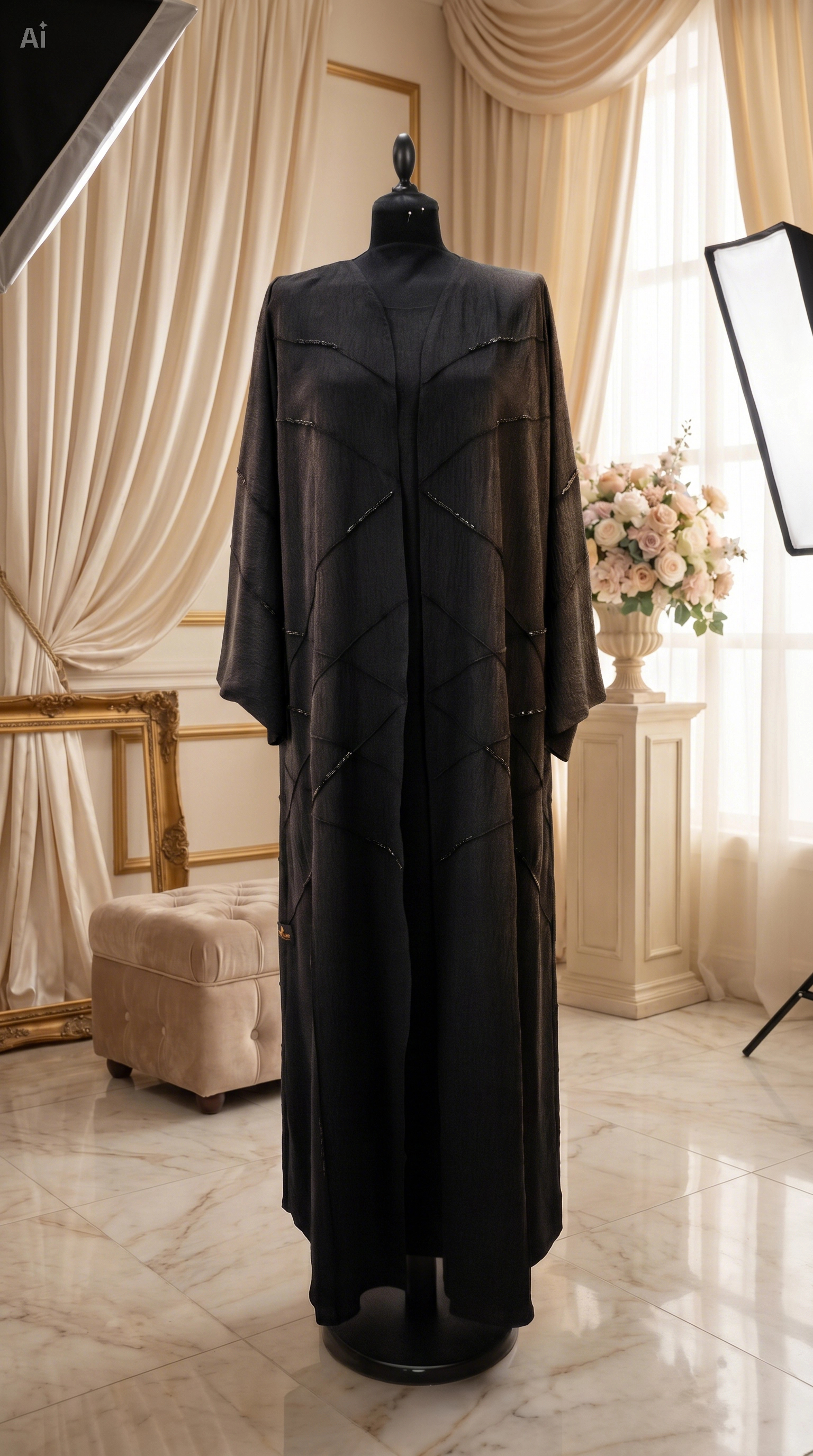 Long dark coat on a mannequin in a room with curtains and decor