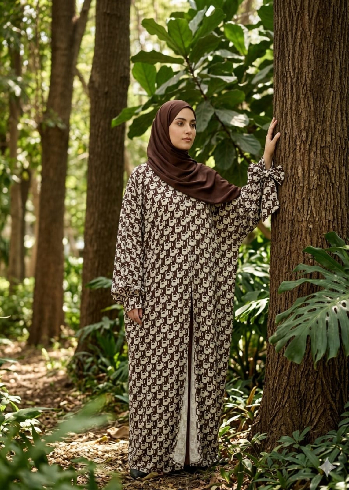 Modest woman wearing a printed brown CrepeLoom Farasha 3-piece abaya set with ribbon sleeves and matching hijab in a forest setting.