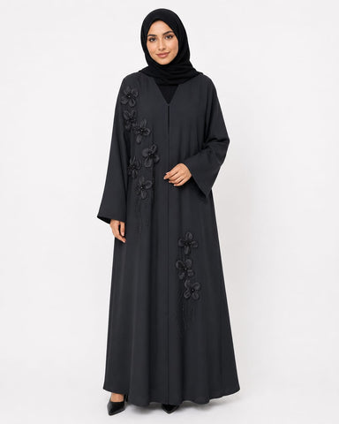 Black Nida Floral Handwork Abaya with Matching Hijab