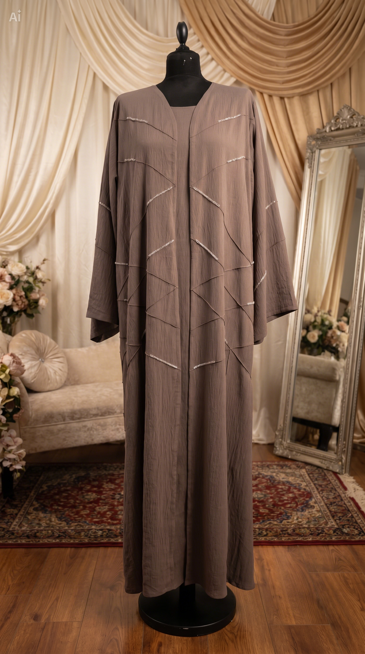 Long brown dress on a mannequin in a room with decorative curtains and a mirror.