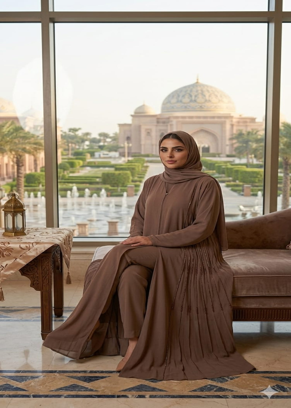 Woman in a brown outfit sitting in a room with a view of a famous landmark.
