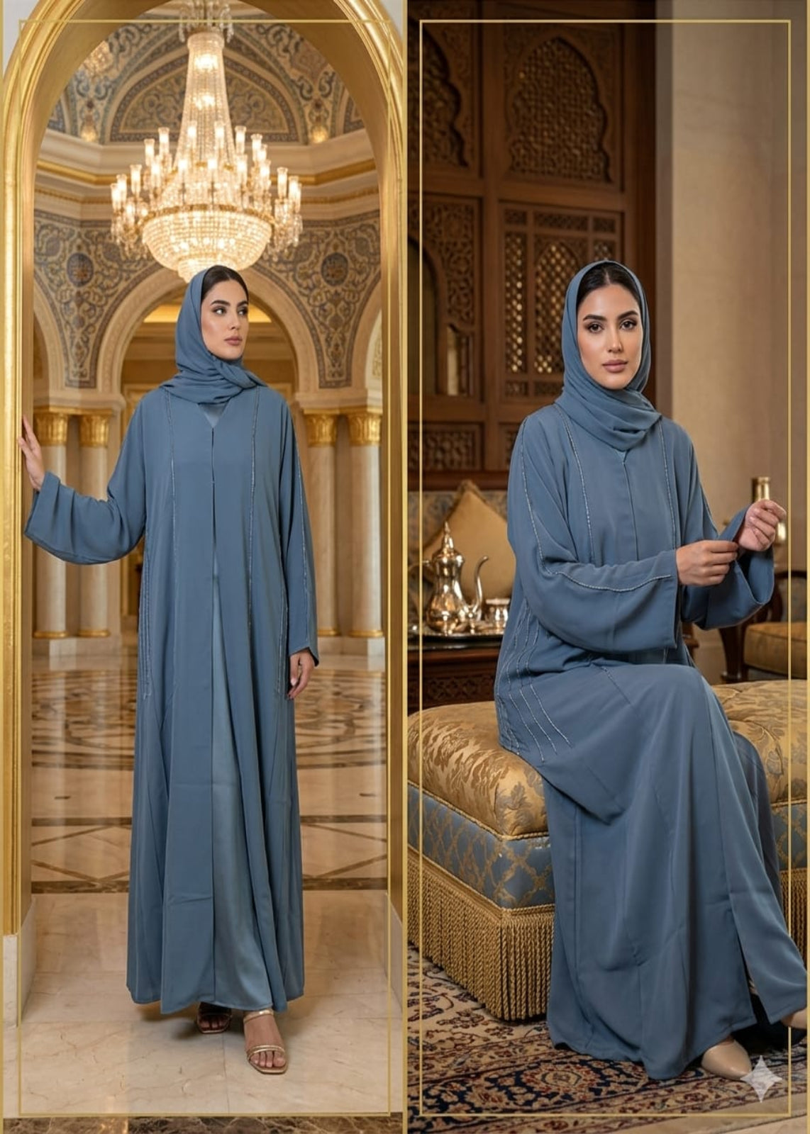 Woman in a blue abaya standing in an ornate room with chandelier and decorative elements.