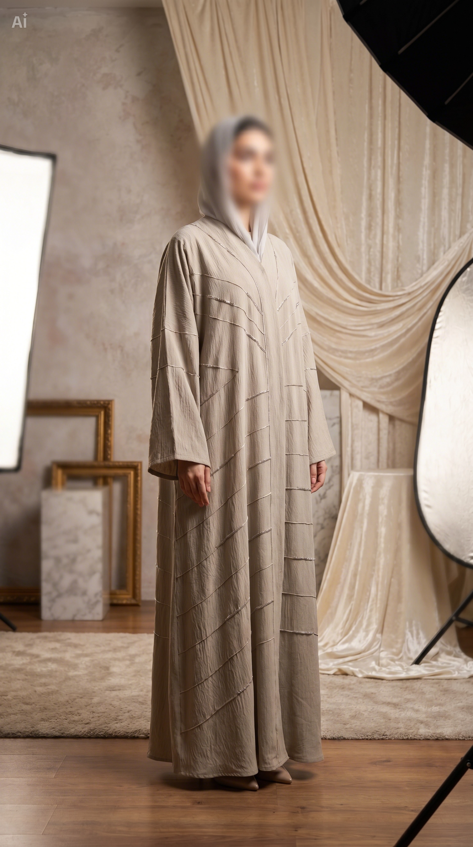 Person wearing a long, light-colored robe standing in a studio setting with neutral decor.
