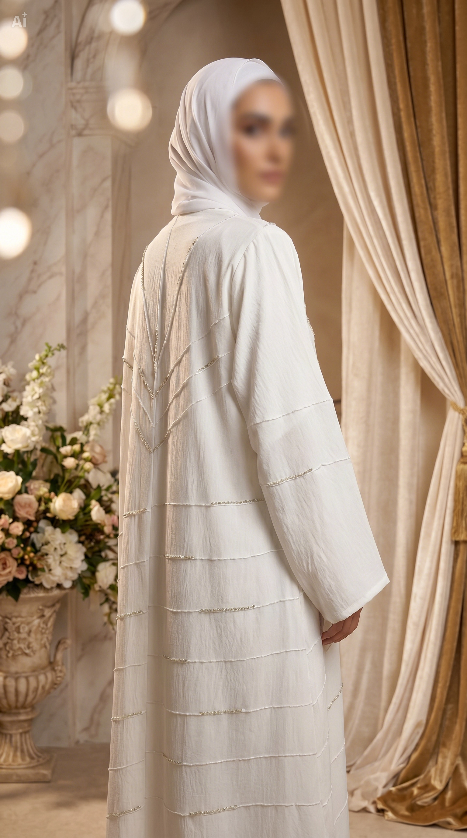 Woman wearing a white abaya in a decorated room with flowers and curtains.