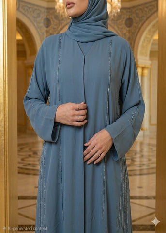 Woman wearing a blue abaya with intricate details in an ornate interior setting