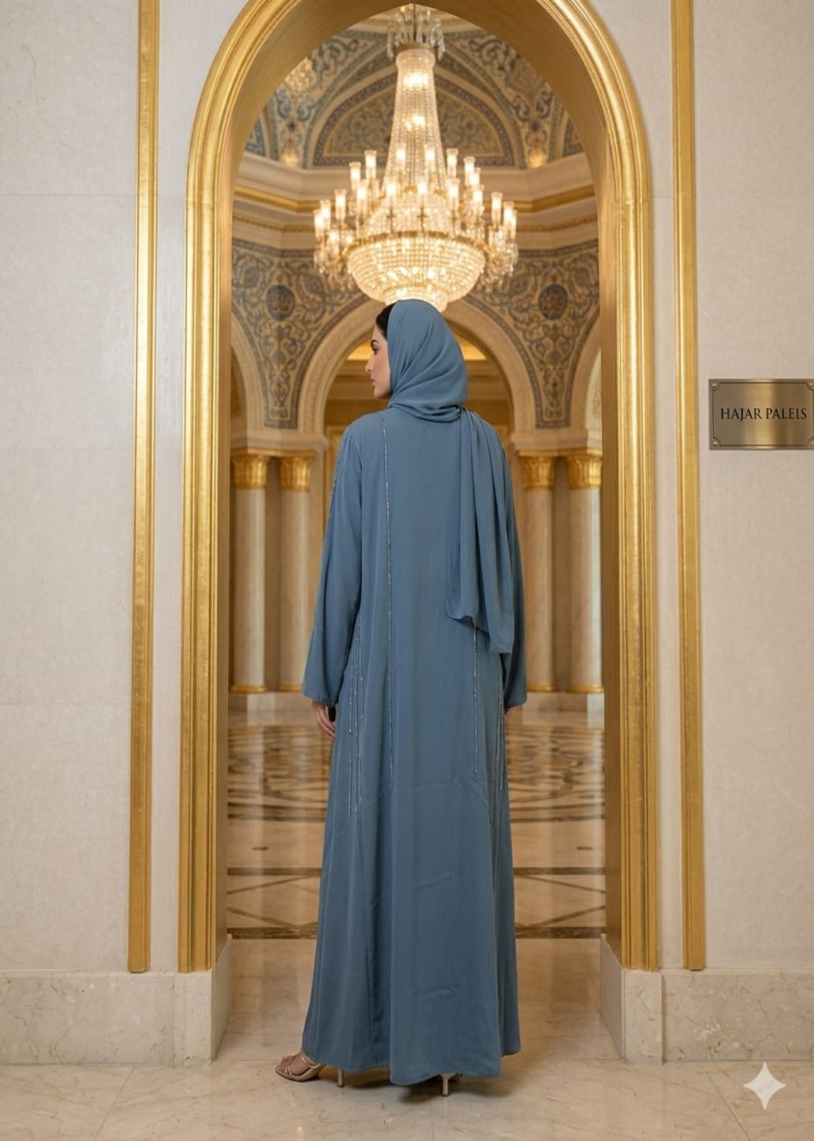 Person wearing a blue abaya standing in front of a grand mirror with a chandelier above.