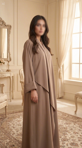 Woman in a long, light brown dress standing in a room with classical decor.