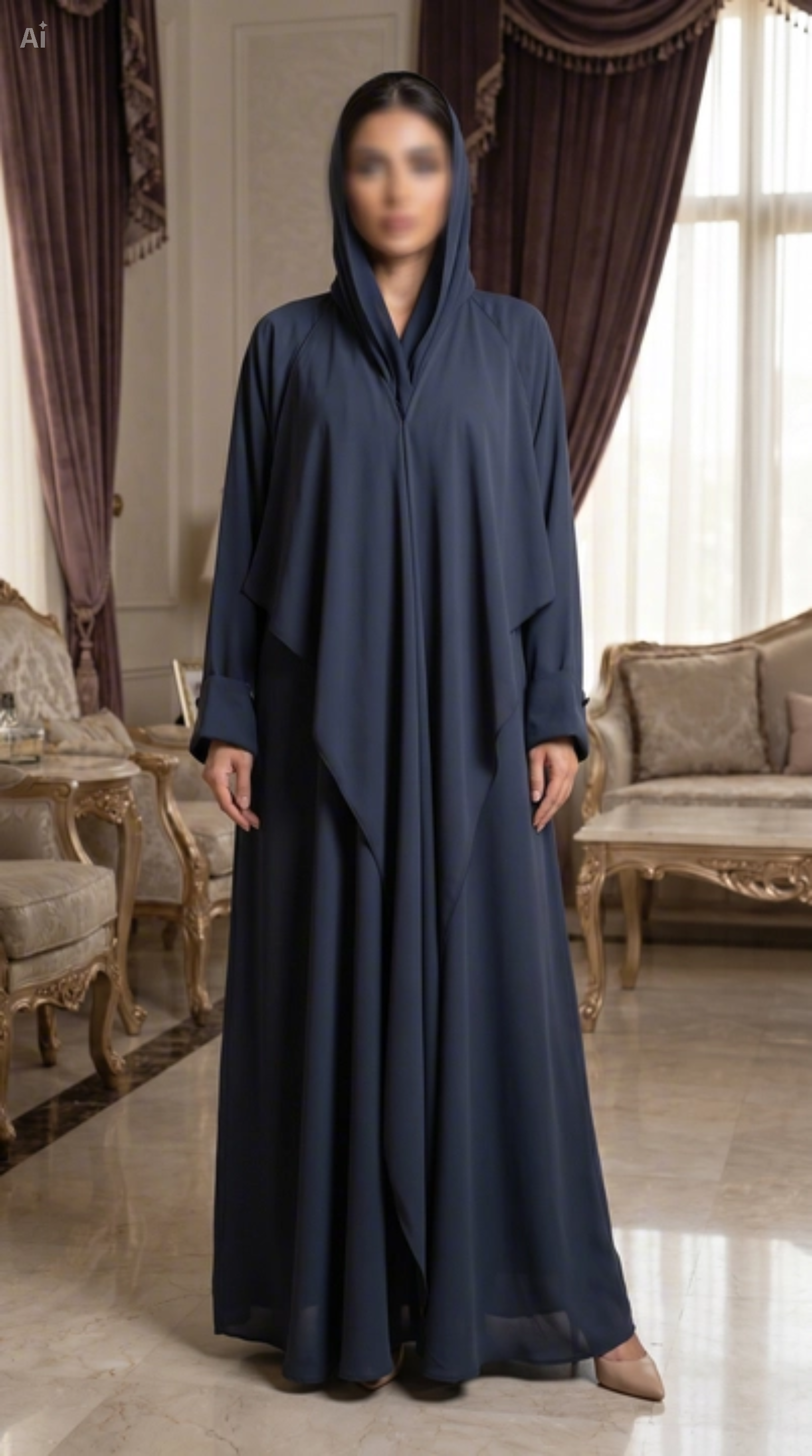 Person wearing a long, dark blue abaya in a decorated room with furniture and curtains.