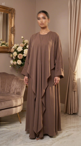 Woman wearing a brown dress standing in a room with decorative elements.