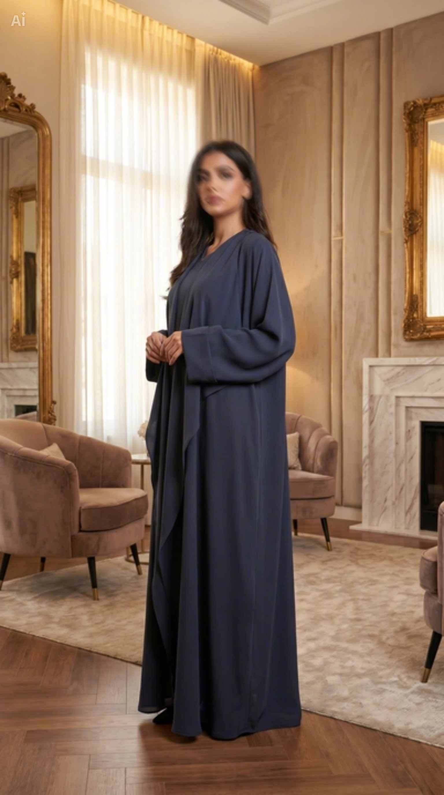 Woman in a long dark blue dress standing in an elegant room with mirrors and furniture.